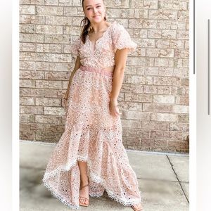 elliatt melancholy blush pink lace embroidered puff sleeve high low maxi dress